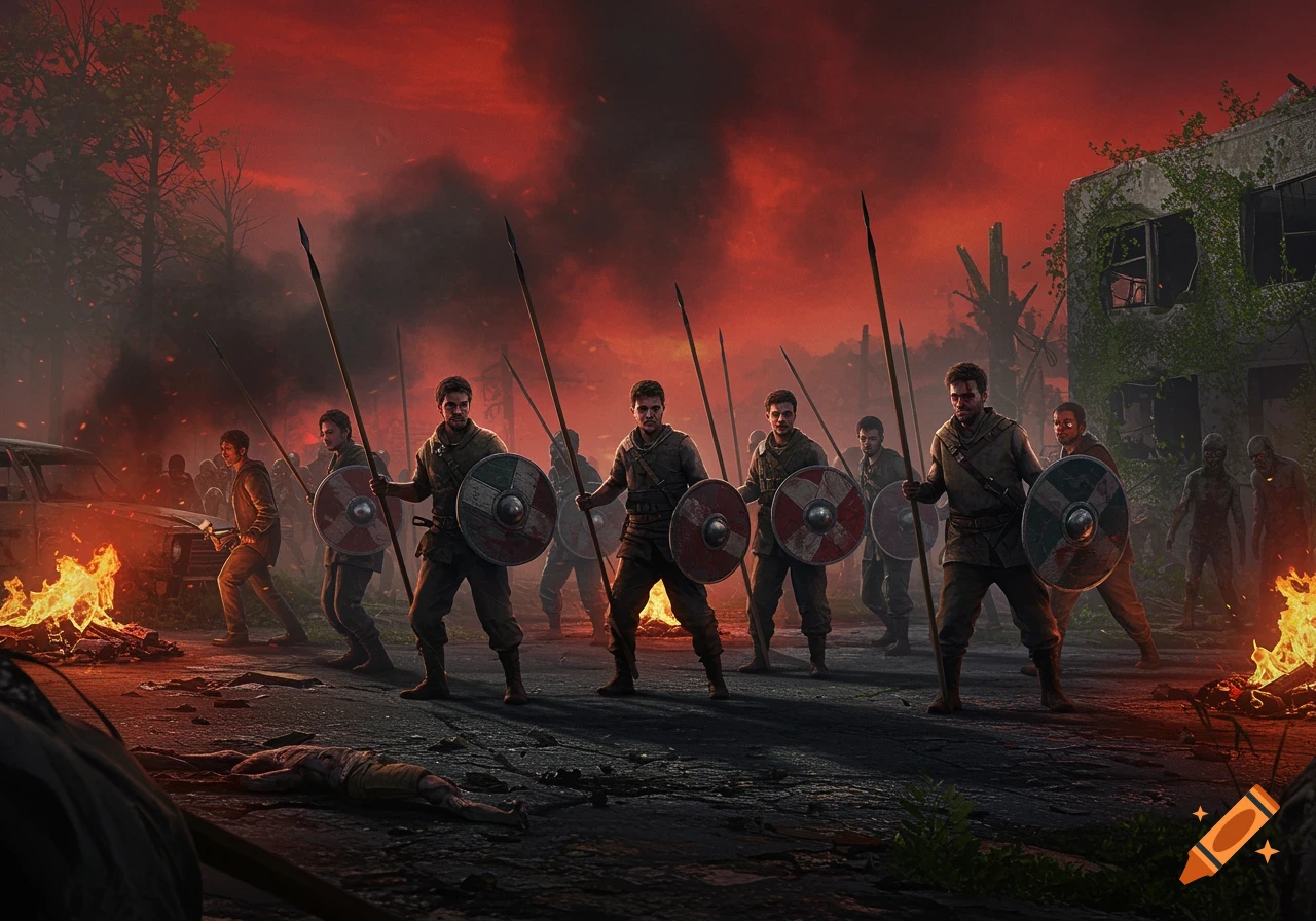 A group of armored survivors with spears and shields stand in formation in a post-apocalyptic city with a fiery red sky and zombies.