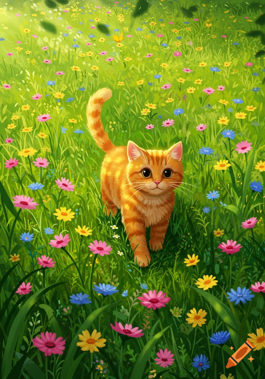 An orange striped cat walks through a vibrant green field filled with colorful pink, yellow, and blue flowers, in an illustration style.