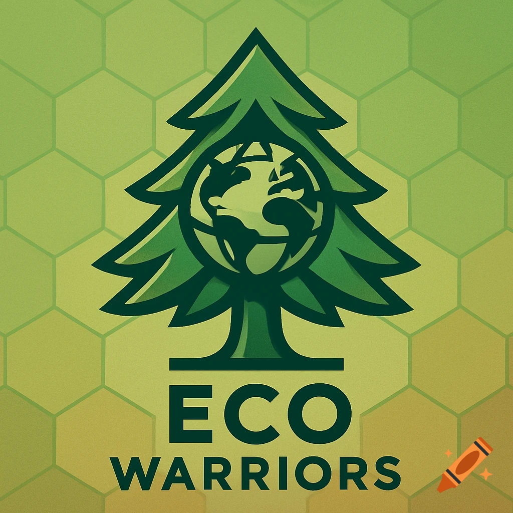 A green logo featuring a stylized tree with a globe inside, above the words "ECO WARRIORS", on a hexagonal tessellation background.