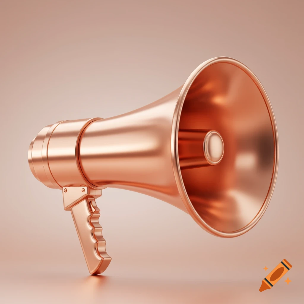 A metallic rose gold megaphone with a handle, set against a soft, light brown background.