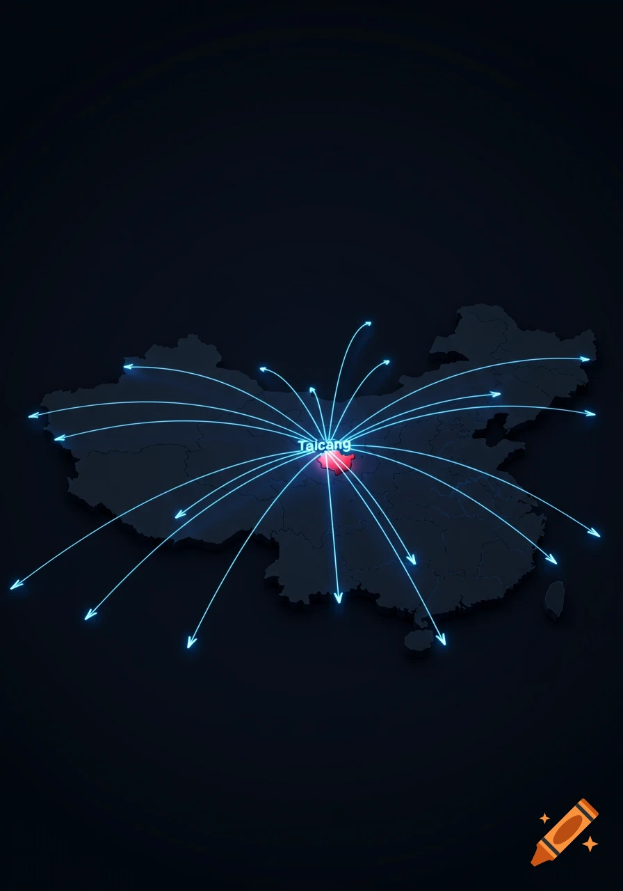 A digital 3D map of China with a highlighted red region labeled 'Taicang' and numerous glowing blue arrows radiating outwards to different provinces.