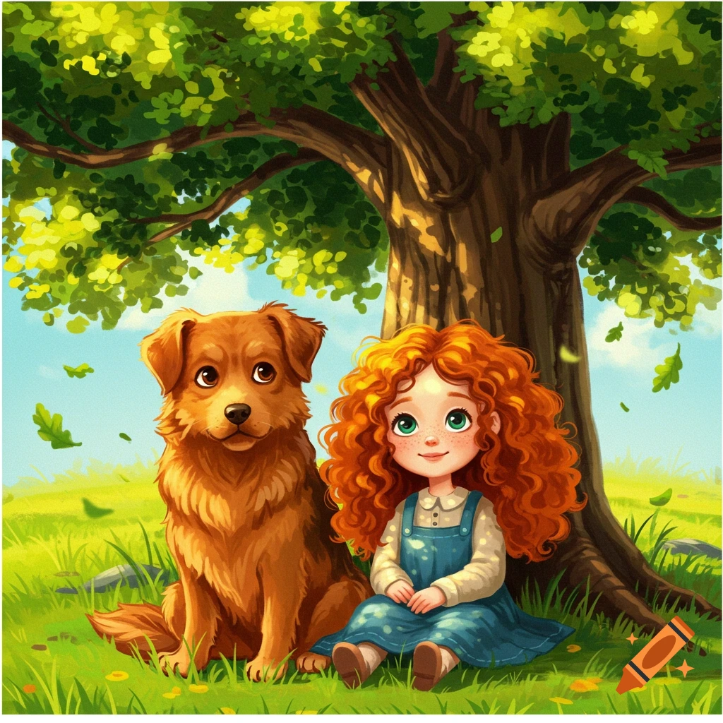 A cartoon illustration of a red-headed girl and a brown dog sitting together on green grass under a large leafy tree.