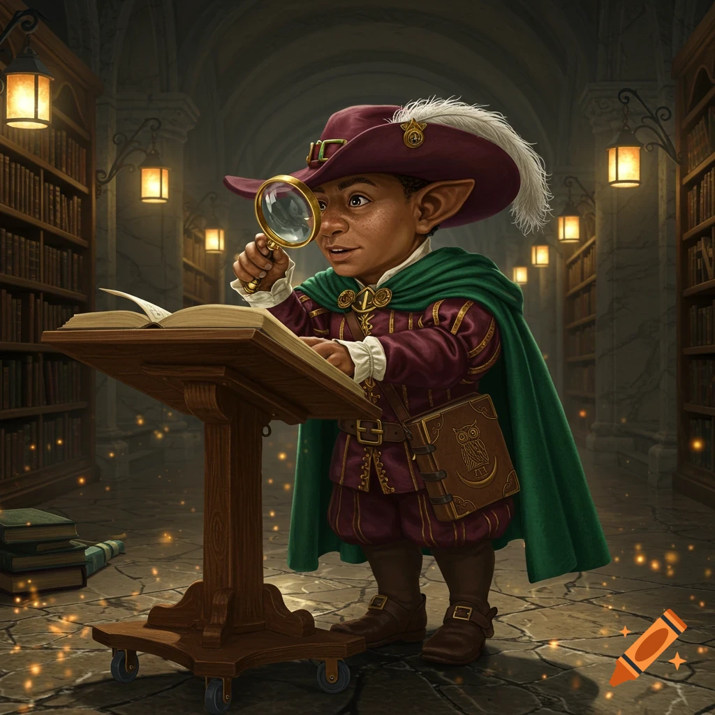 A hyperrealistic digital portrait of a gnomish historian with olive skin, wearing a burgundy doublet and emerald cape, leaning over an open book with a magnifying glass in a vast library.