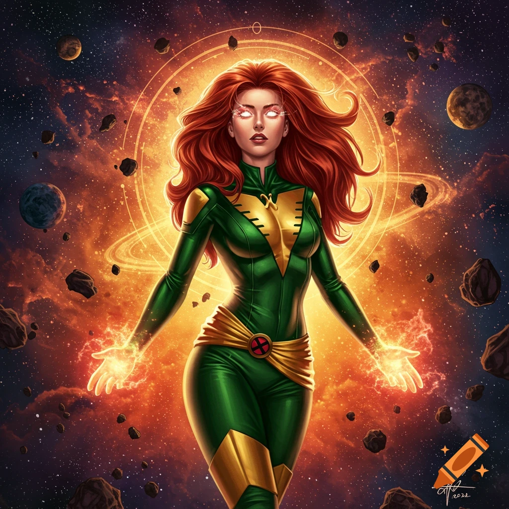 Jean Grey, as the Phoenix, in a green and gold suit, standing in space with glowing eyes and energy radiating from her hands.