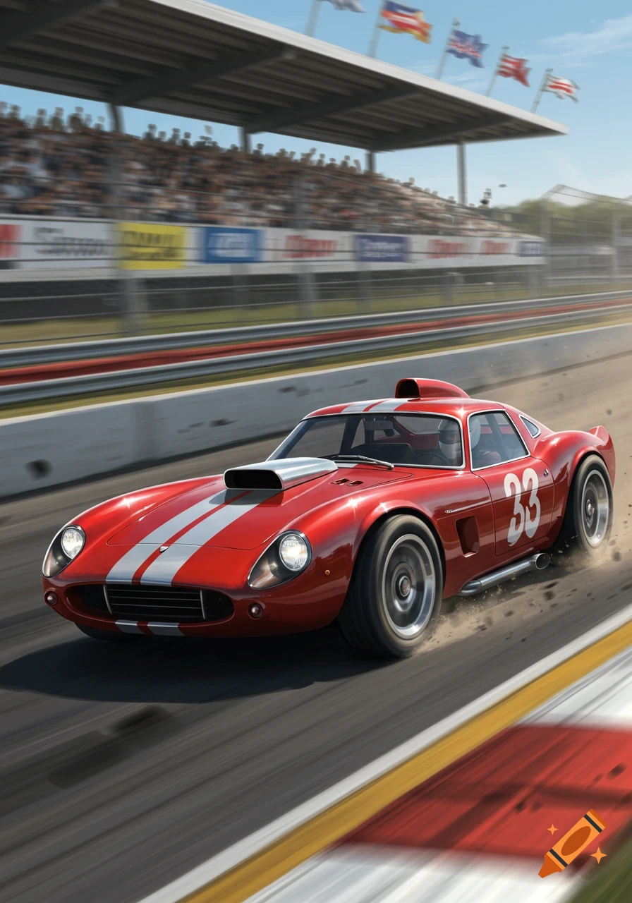 Red vintage race car with number 33 speeds on a track, with spectators in the background.