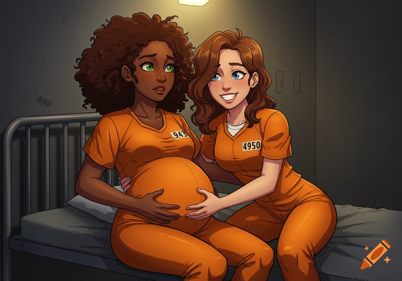 Two cartoon women in orange prison jumpsuits sit on a bed in a cell; one pregnant and surprised, the other smiling, cradling her belly.