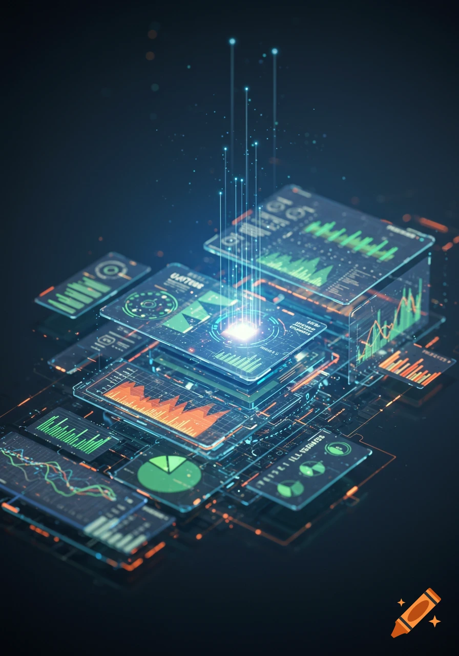 An abstract, glowing holographic display showing data charts, graphs, and interconnected lines, representing information flow and technology.
