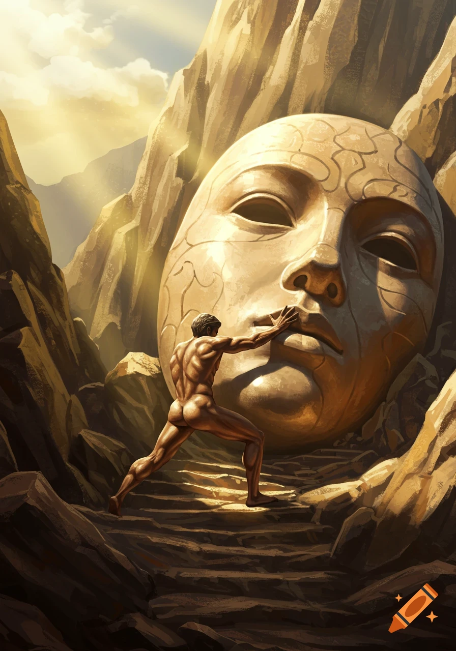 A nude man pushes a giant, cracked, faceless mask up a rocky mountain path under a dramatic sunrise in a stylized painting.