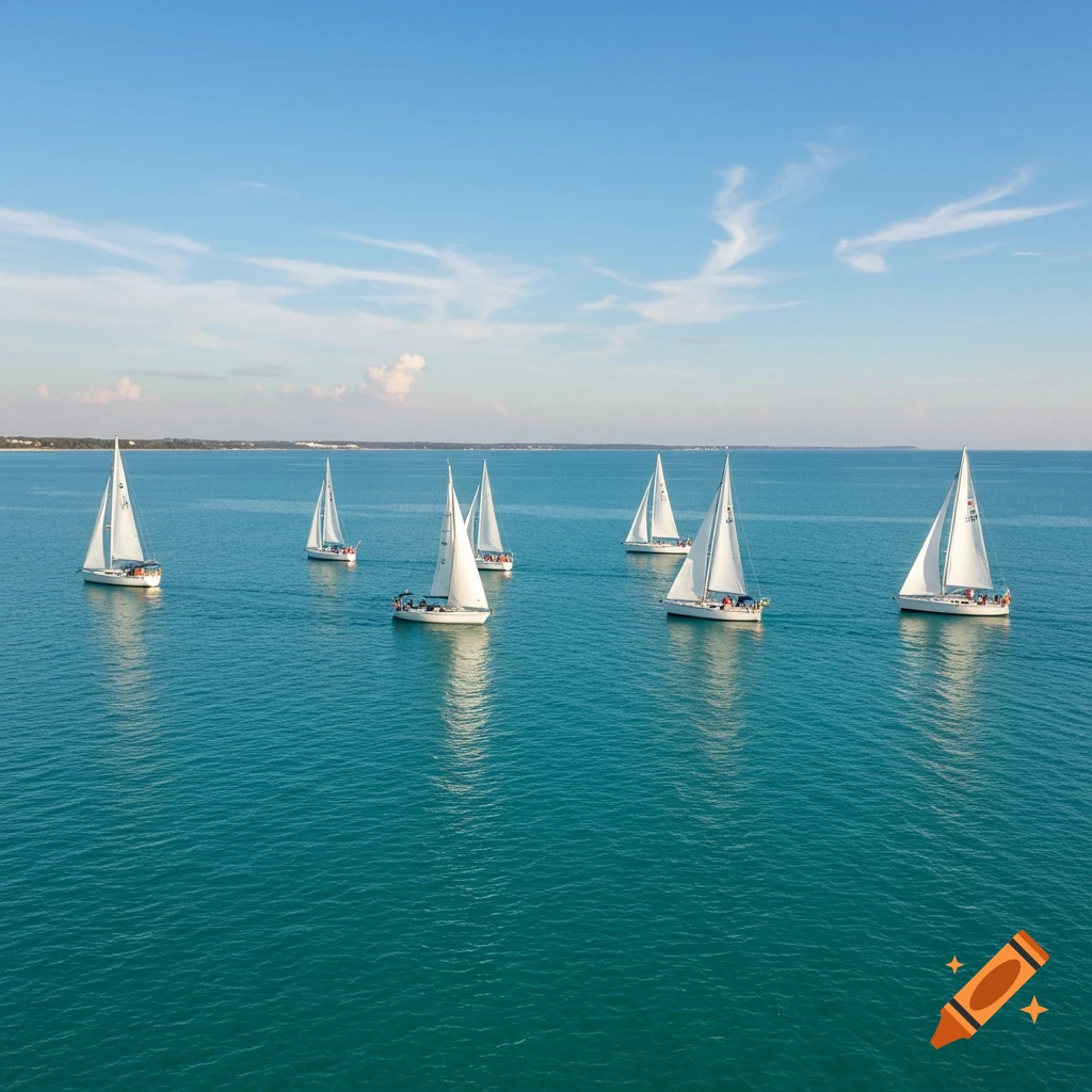 Photorealistic aerial view of several white sailboats sailing on a calm, turquoise ocean under a clear blue sky.