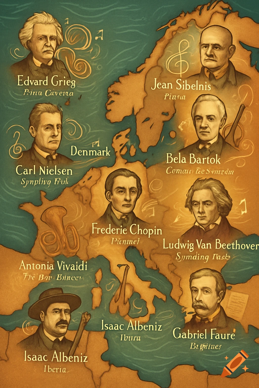 A stylized map of Europe featuring portraits of classical composers like Edvard Grieg, Carl Nielsen, Jean Sibelius, Bela Bartok, Frederic Chopin, Ludwig Van Beethoven, Antonio Vivaldi, Isaac Albeniz, and Gabriel Faure.