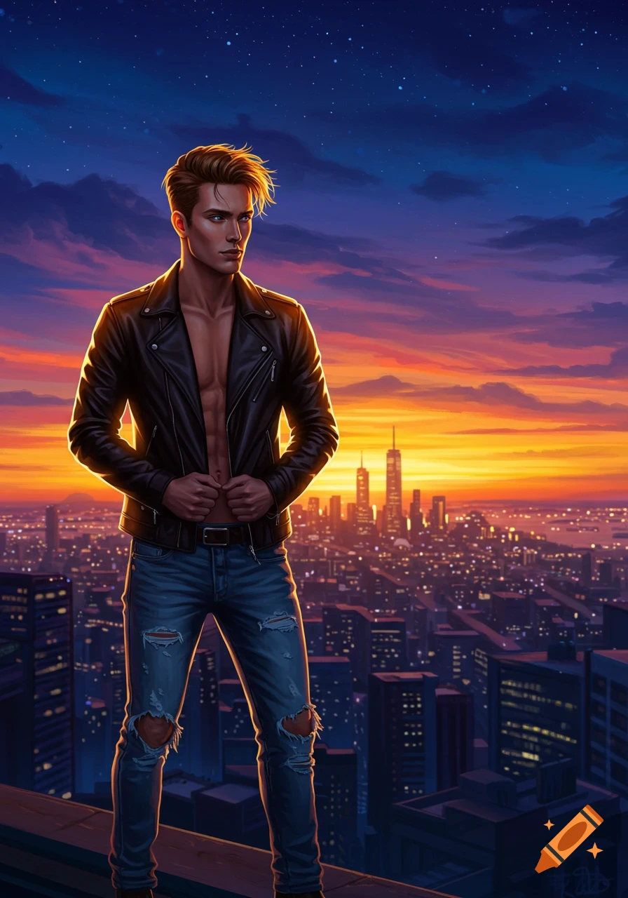A stylized illustration of a handsome man in an open leather jacket and ripped jeans standing on a rooftop overlooking a city at sunset.