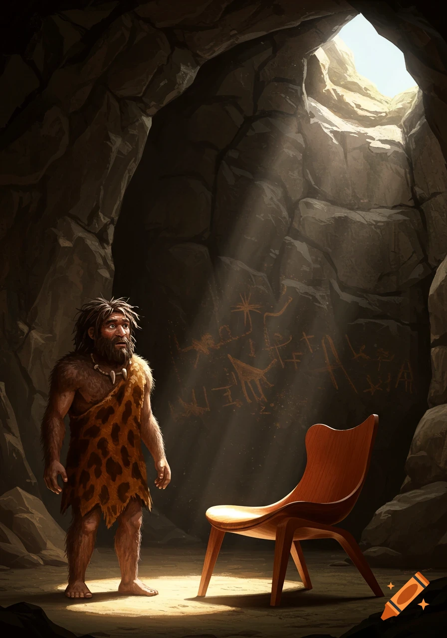 A caveman in a leopard skin tunic stands in a dark cave illuminated by a shaft of light, looking at a modern wooden chair.