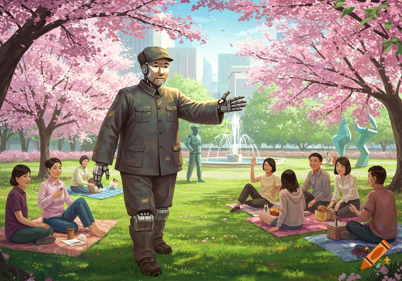 A robot in a Mao suit greets people picnicking in a park with cherry blossom trees and a fountain, digital illustration.