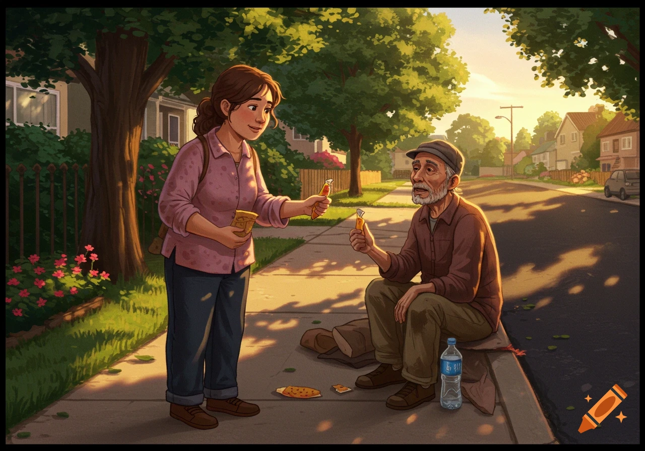 An illustration of a woman offering a fruit bar to a man sitting on the sidewalk, with a bottle of water beside him, on a sunny neighborhood street.