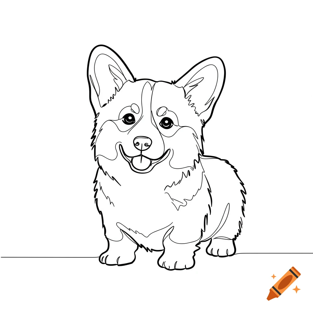 A happy corgi puppy in a black and white line drawing style.