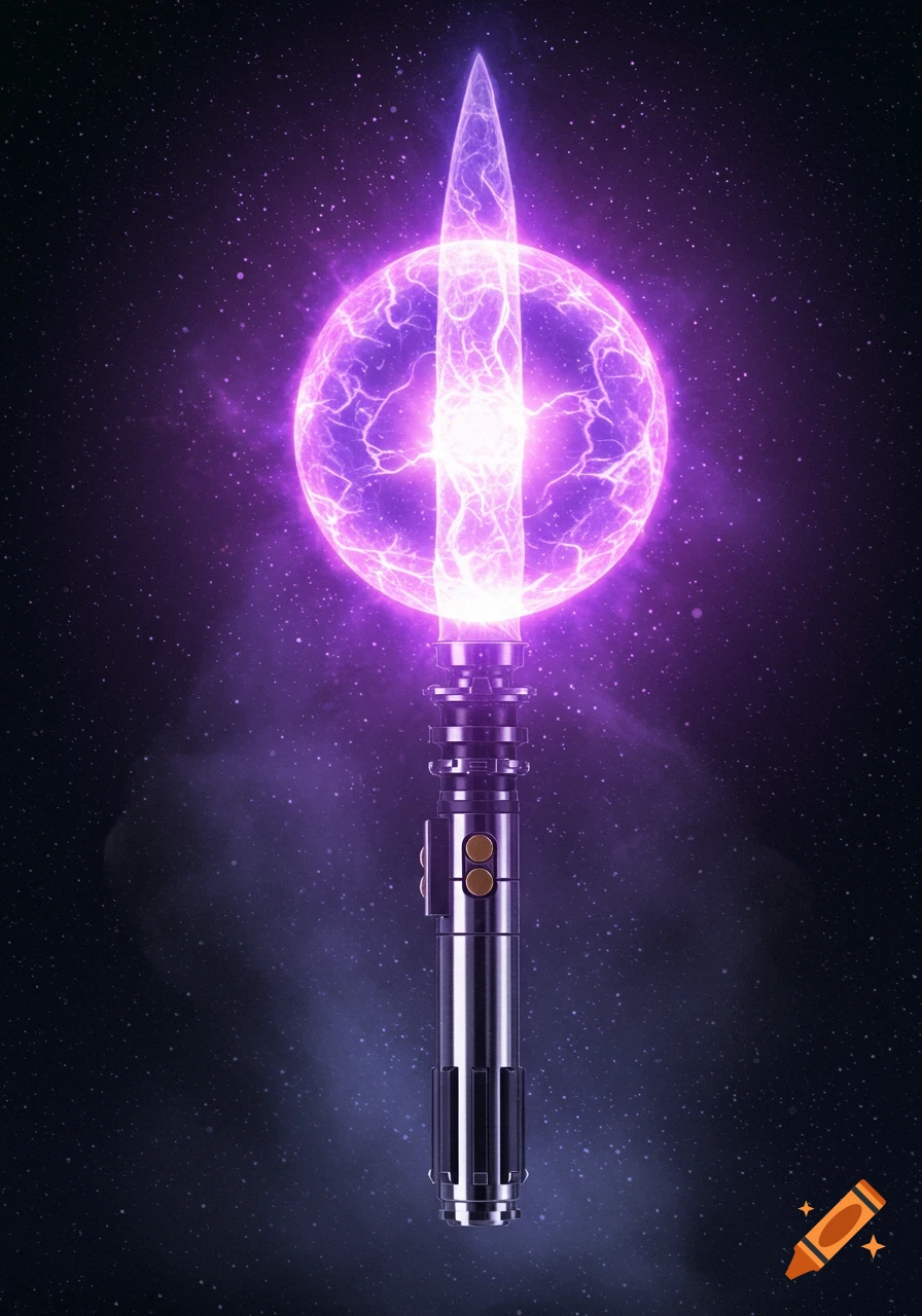 A vibrant purple energy mace with a metallic lightsaber hilt glows against a starry, dark purple space background.