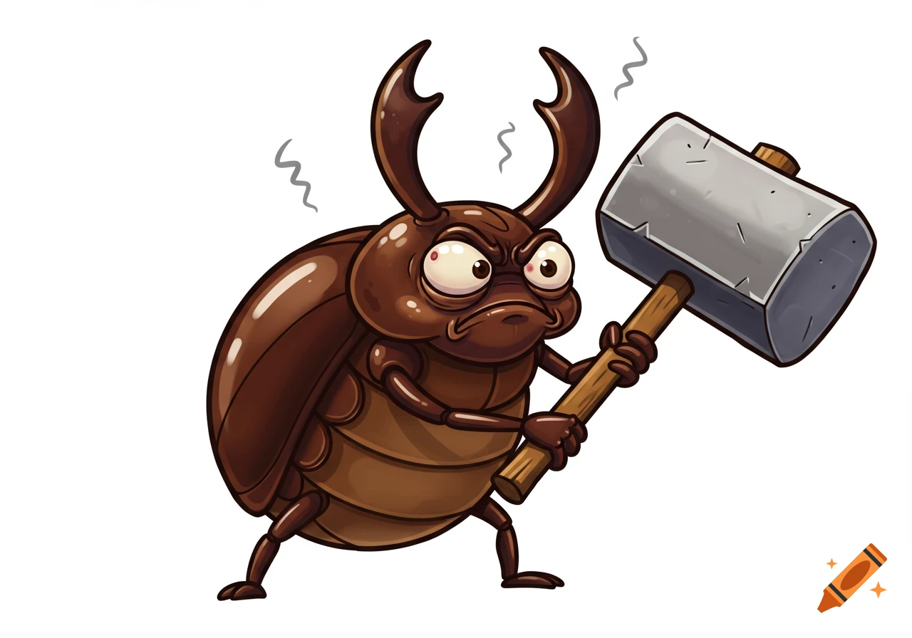 A cartoon beetle with large horns and an angry expression holds a heavy hammer, on a white background.