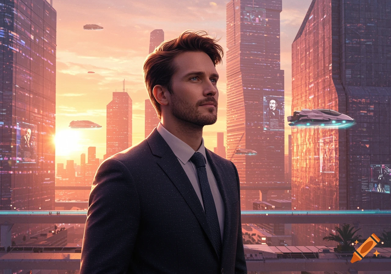 A man in a suit stands in a futuristic city at sunset with flying vehicles and tall buildings in a photorealistic style.