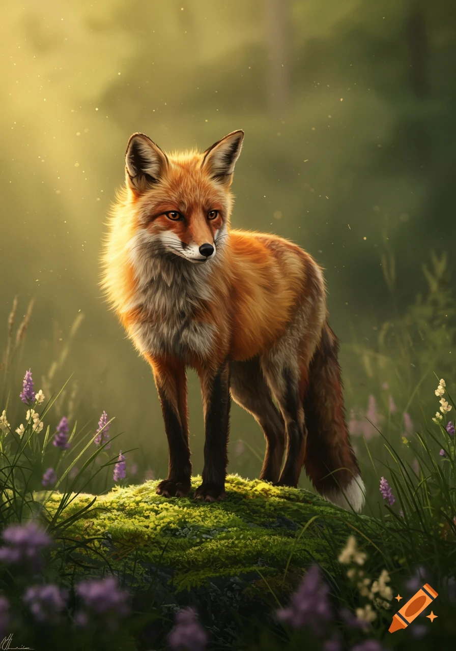A photorealistic red fox stands on a mossy mound in a sunlit forest clearing with purple flowers.