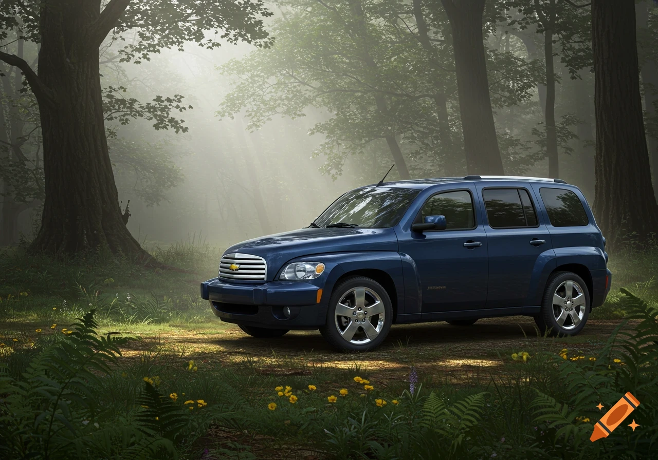A blue Chevrolet HHR parked in a misty, sunlit forest.
