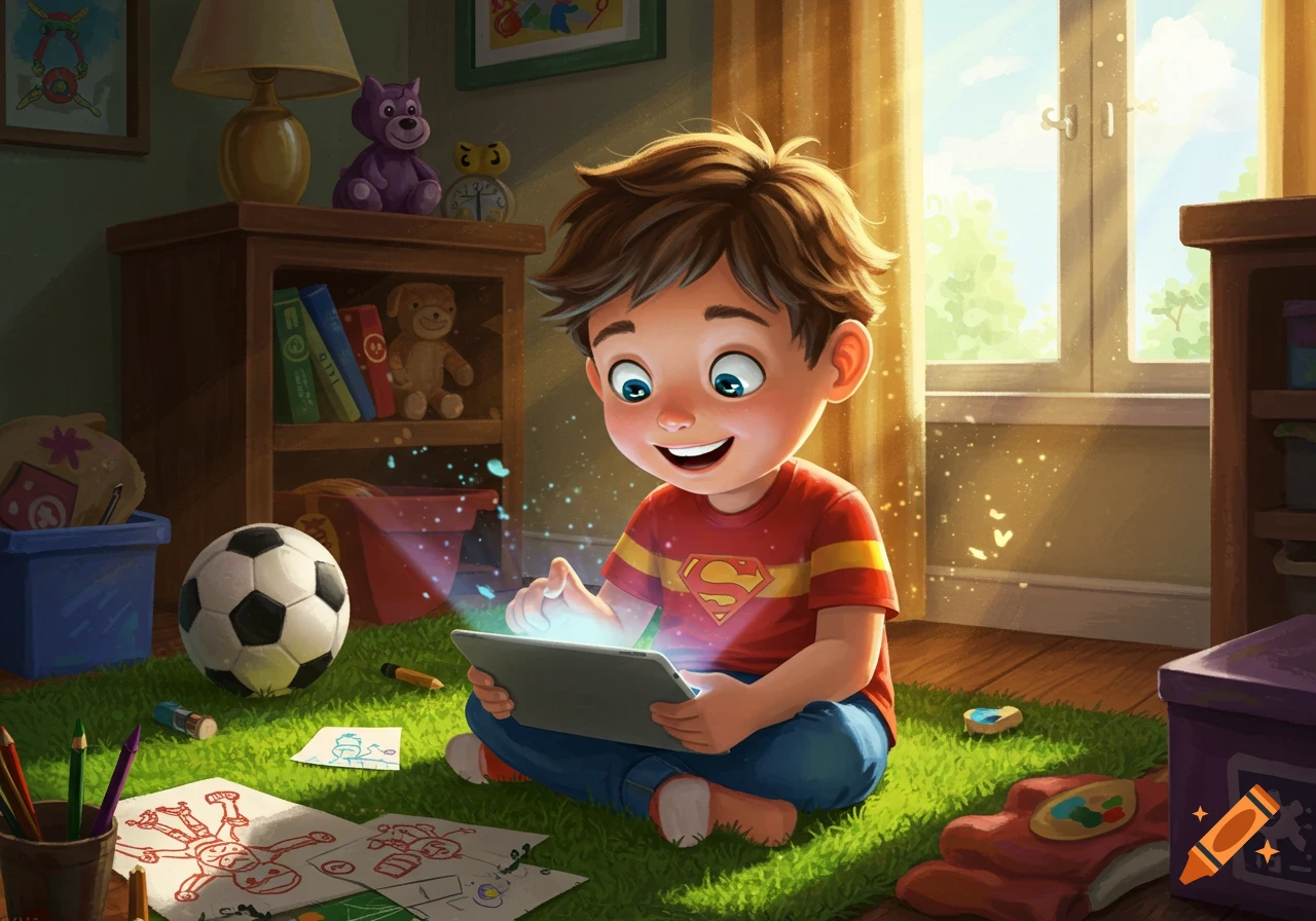 A happy cartoon boy with brown hair and blue eyes, wearing a red shirt with a yellow 'S' logo, sits on a green rug, looking at a glowing tablet. Drawings and a soccer ball are nearby.