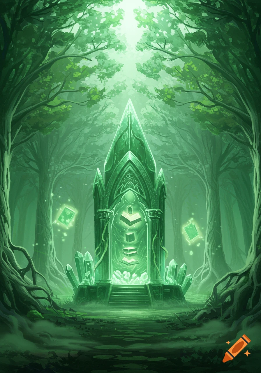 A luminous green crystal structure resembling an altar or shrine in a mystical, lush green forest.