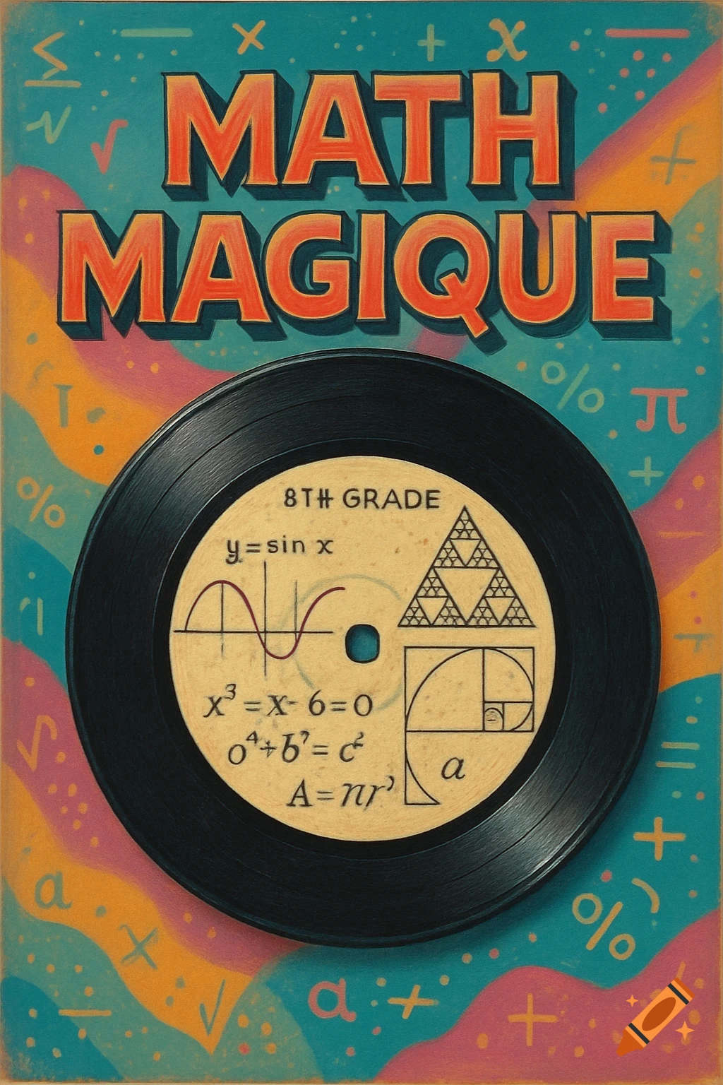 A retro-style record album cover titled 'MATH MAGIQUE' with a vinyl record featuring math equations and symbols.
