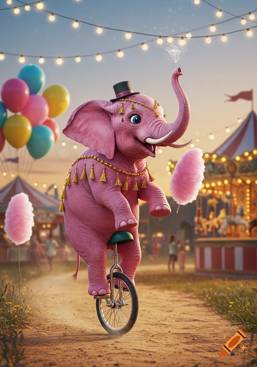A pink elephant wearing a top hat and golden tassels rides a unicycle down a dirt path at a whimsical outdoor carnival.
