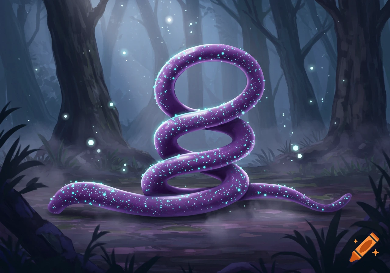 A glowing purple serpentine creature coiled in an enchanted, misty forest with floating lights.