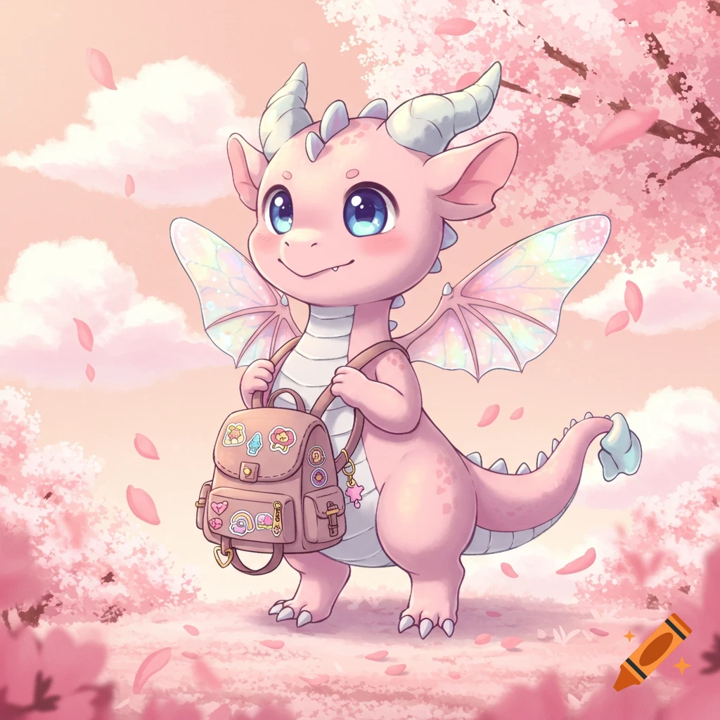 A cute pink anime-style dragon with a backpack stands among cherry blossoms with petals falling.