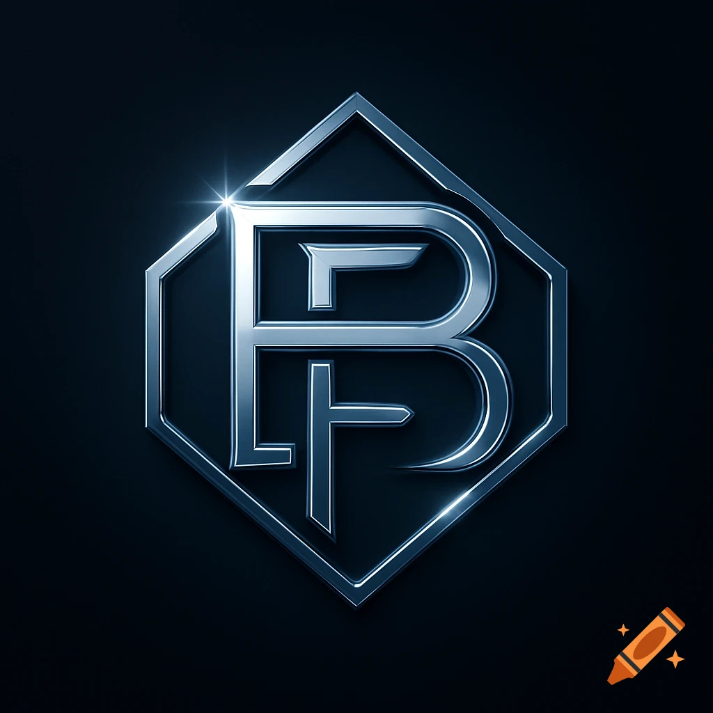 A shiny metallic silver logo combining the letters B and P within an octagonal frame on a dark background.