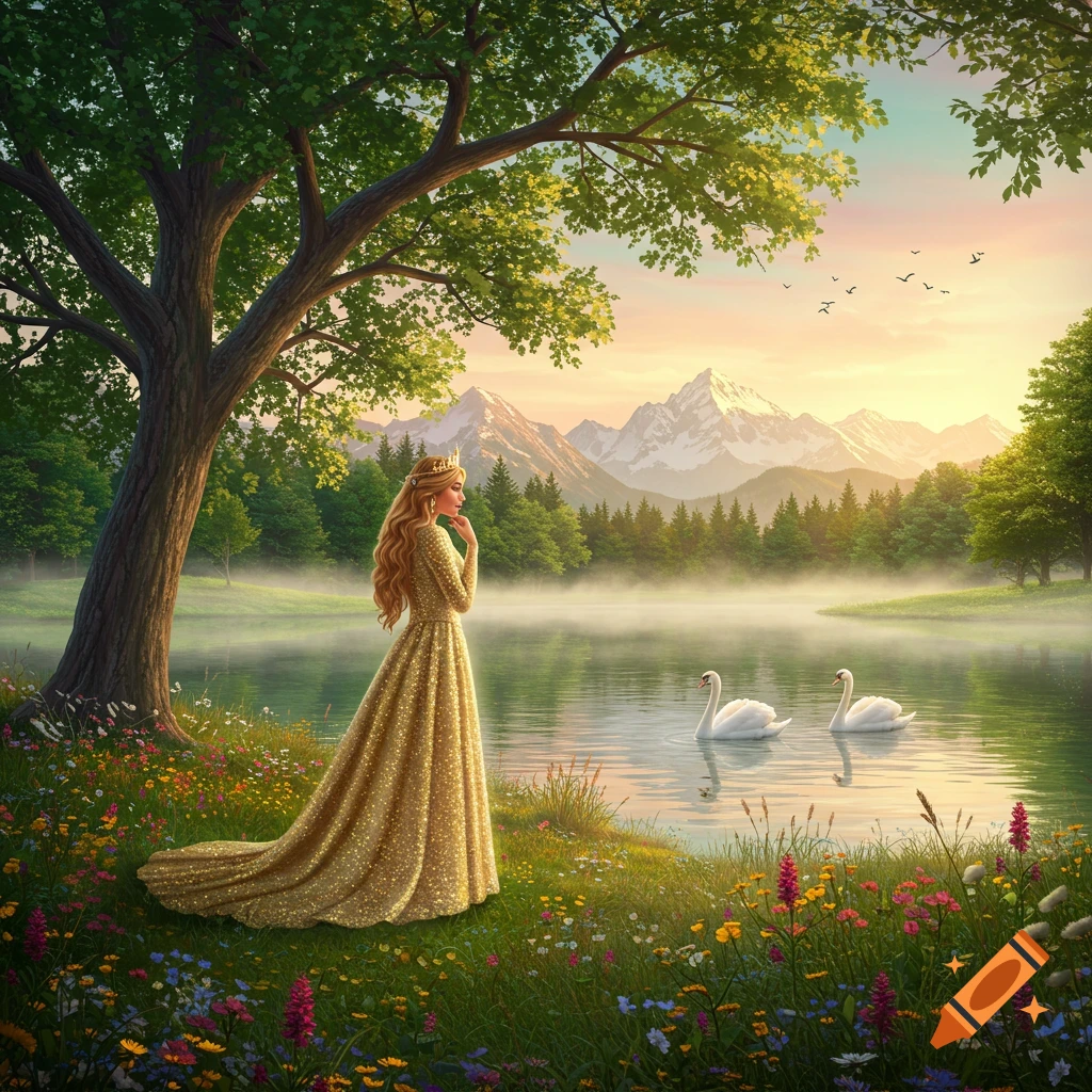A princess in a shimmering gold gown stands by a serene lake with swans, surrounded by wildflowers and mountains at sunrise.