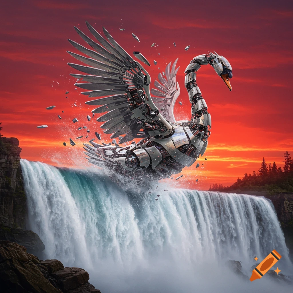 A giant mechanical silver swan breaks apart as it soars above a powerful waterfall under a vibrant red sunset.
