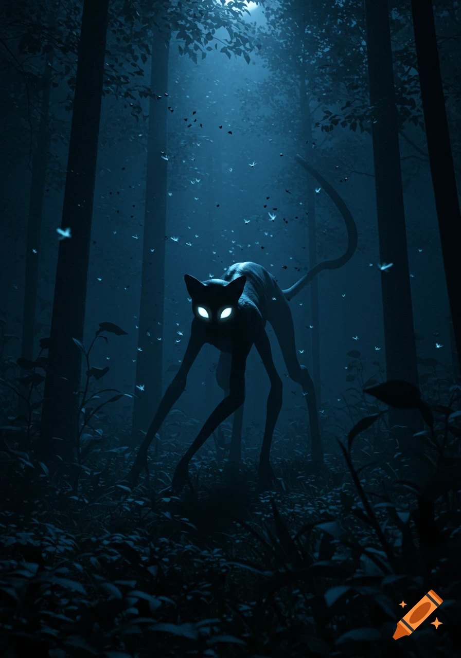 A shadowy, elongated creature with glowing eyes stands in a dark, moonlit forest with small glowing insects.