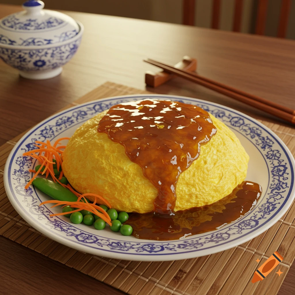A photorealistic plate of egg foo young covered in rich brown sauce, garnished with peas and carrots, on a bamboo mat.
