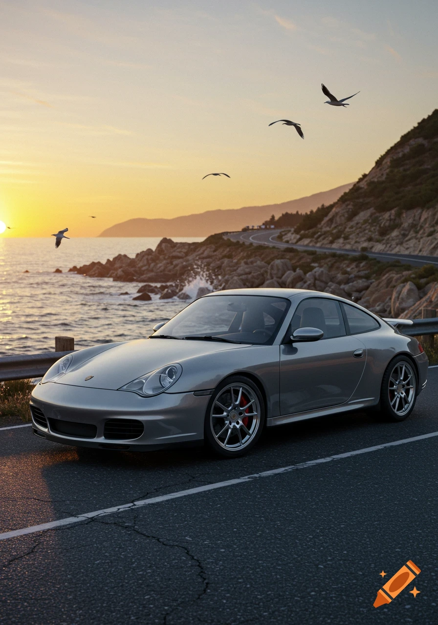 Silver Porsche 996 parked on a coastal road at sunset, with ocean waves crashing against rocks and birds flying overhead.