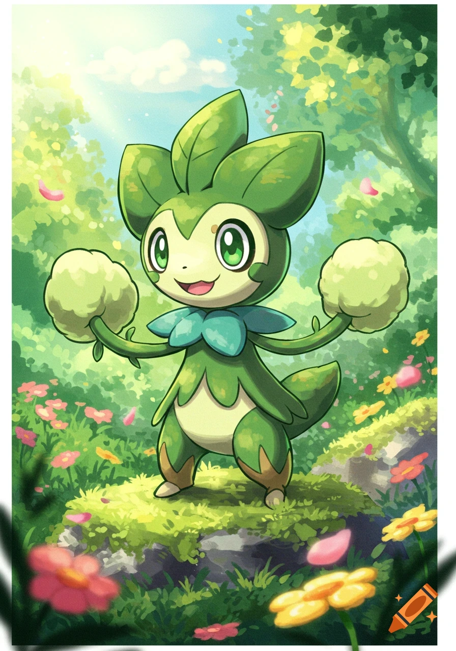 A cute green grass-type creature with leaf ears and fluffy pom-pom hands stands in a vibrant, sunlit forest with flowers, in the style of Pok amon.