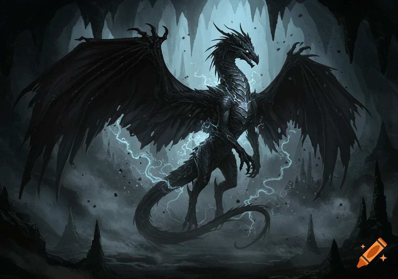 A black dragon is surrounded by swirling shadows in a dark