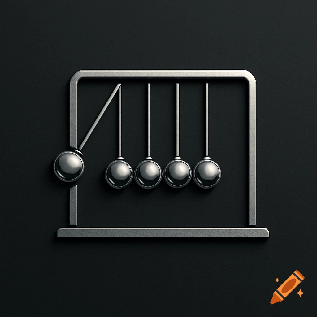 Minimalist metallic silver Newton's Cradle logo against a dark textured background.
