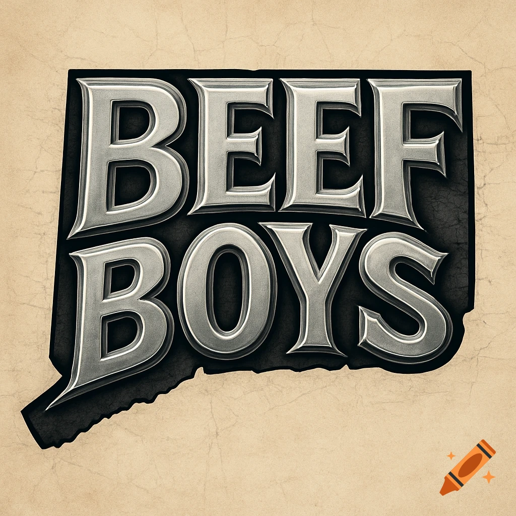 Metallic, embossed text spelling 'BEEF BOYS' shaped like the state of Connecticut on a textured beige background.