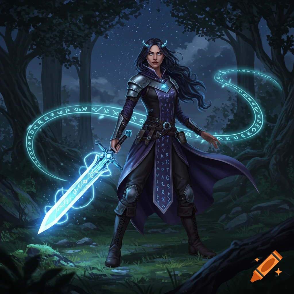 A female fantasy character with a glowing blue sword and magical runes stands in a dark forest at night.