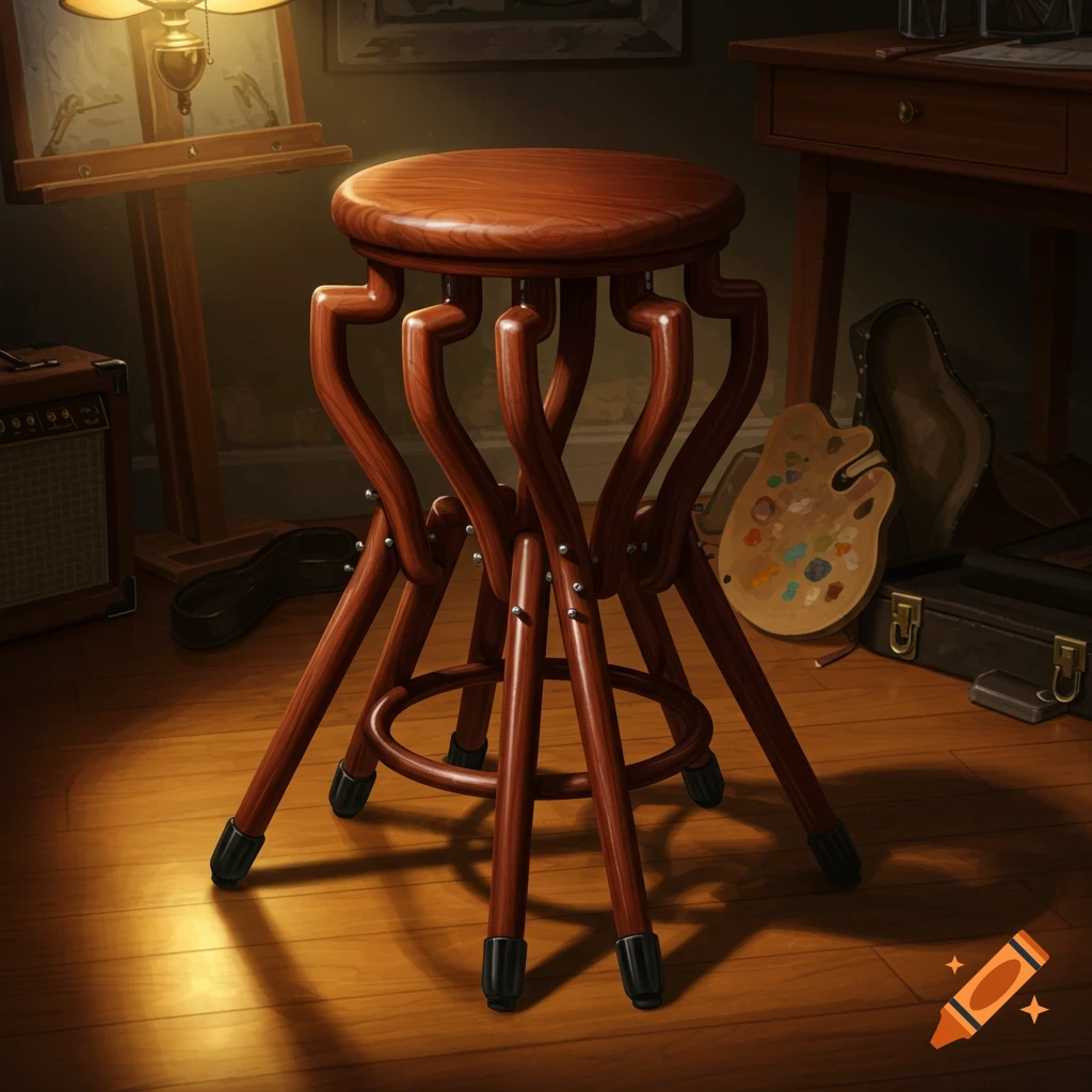 A wooden stool with intricate, curved legs sits on a wooden floor in a dimly lit artist's studio, with an easel and palette nearby.