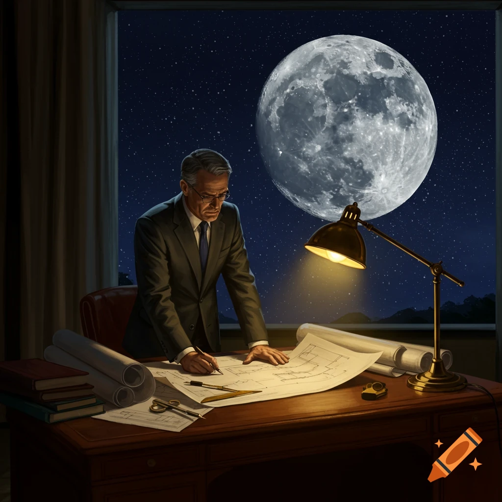A businessman in a suit leans over a desk, drawing on blueprints by lamplight. A large full moon and stars fill the night sky outside a window.