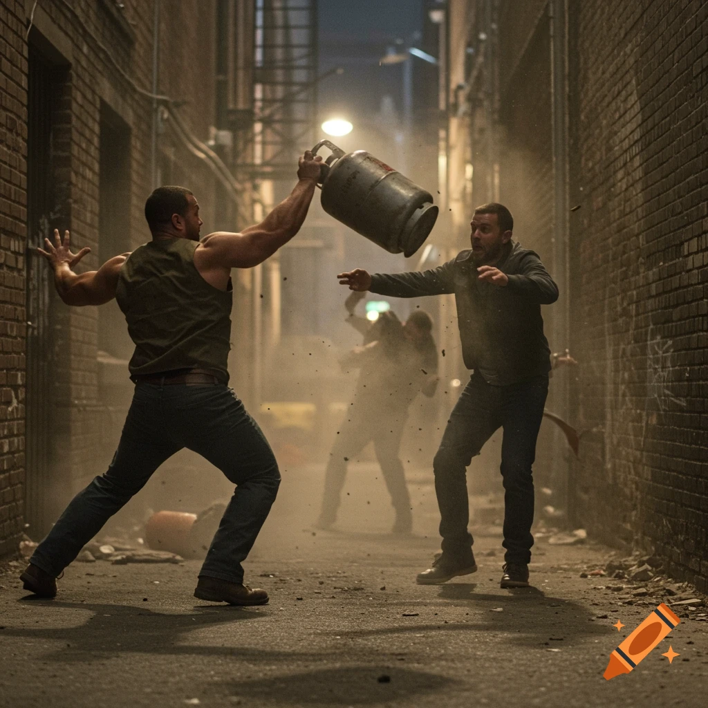 A photorealistic action shot of a man throwing a propane tank at another man in a dark, gritty alley.