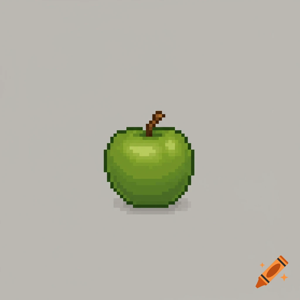 A pixel art illustration of a green apple with a brown stem.