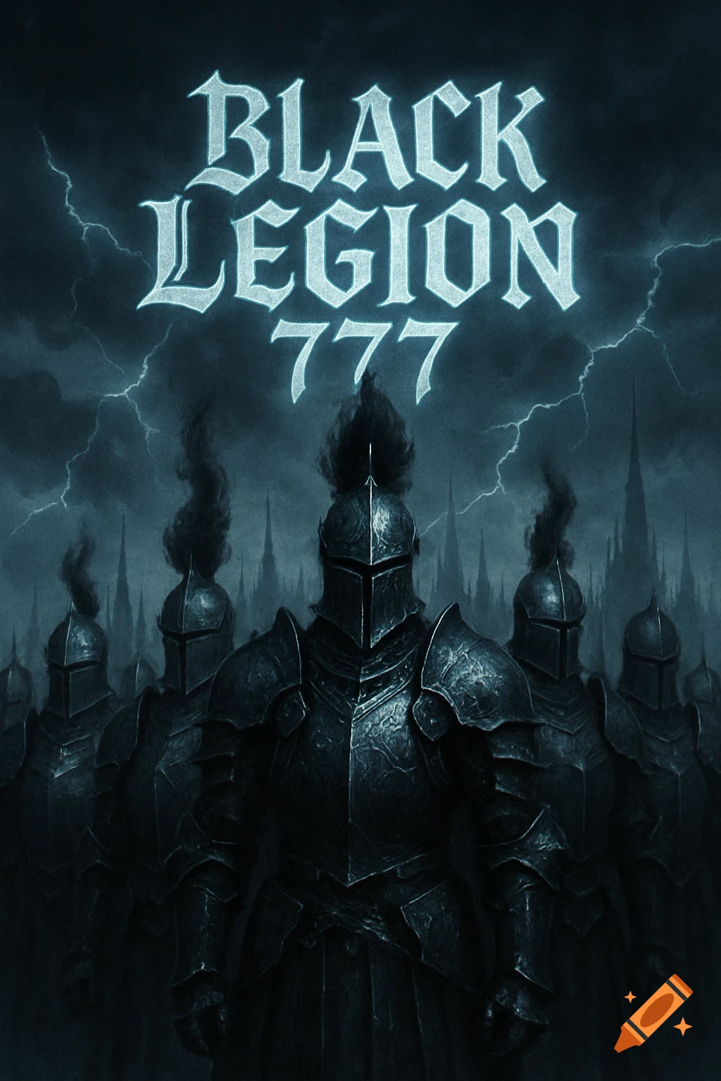 Dark, armored knights stand against a stormy, lightning-filled sky with distant spires, and the text 'BLACK LEGION 777' at the top.