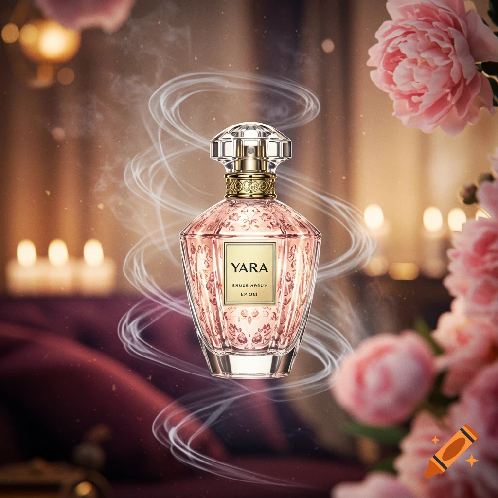 A photorealistic image of a pink and gold perfume bottle with decorative patterns, surrounded by delicate smoke tendrils, pink peonies, and blurred candles in a warm, inviting setting.