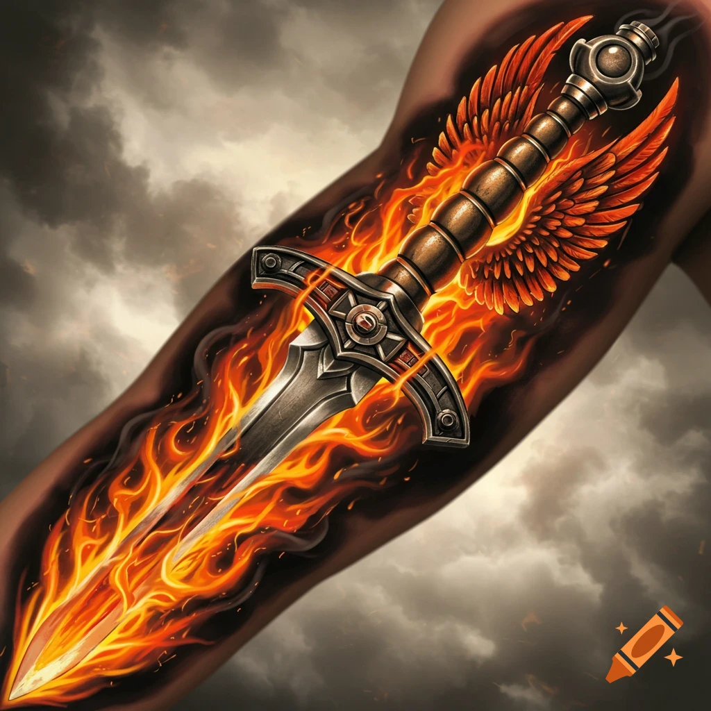 A flaming sword with wings tattooed on an arm against a cloudy sky.