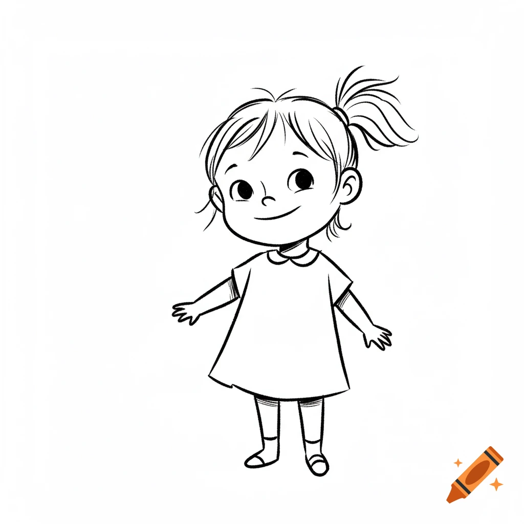 A cute line drawing of a young girl with a ponytail, wearing a dress and smiling.