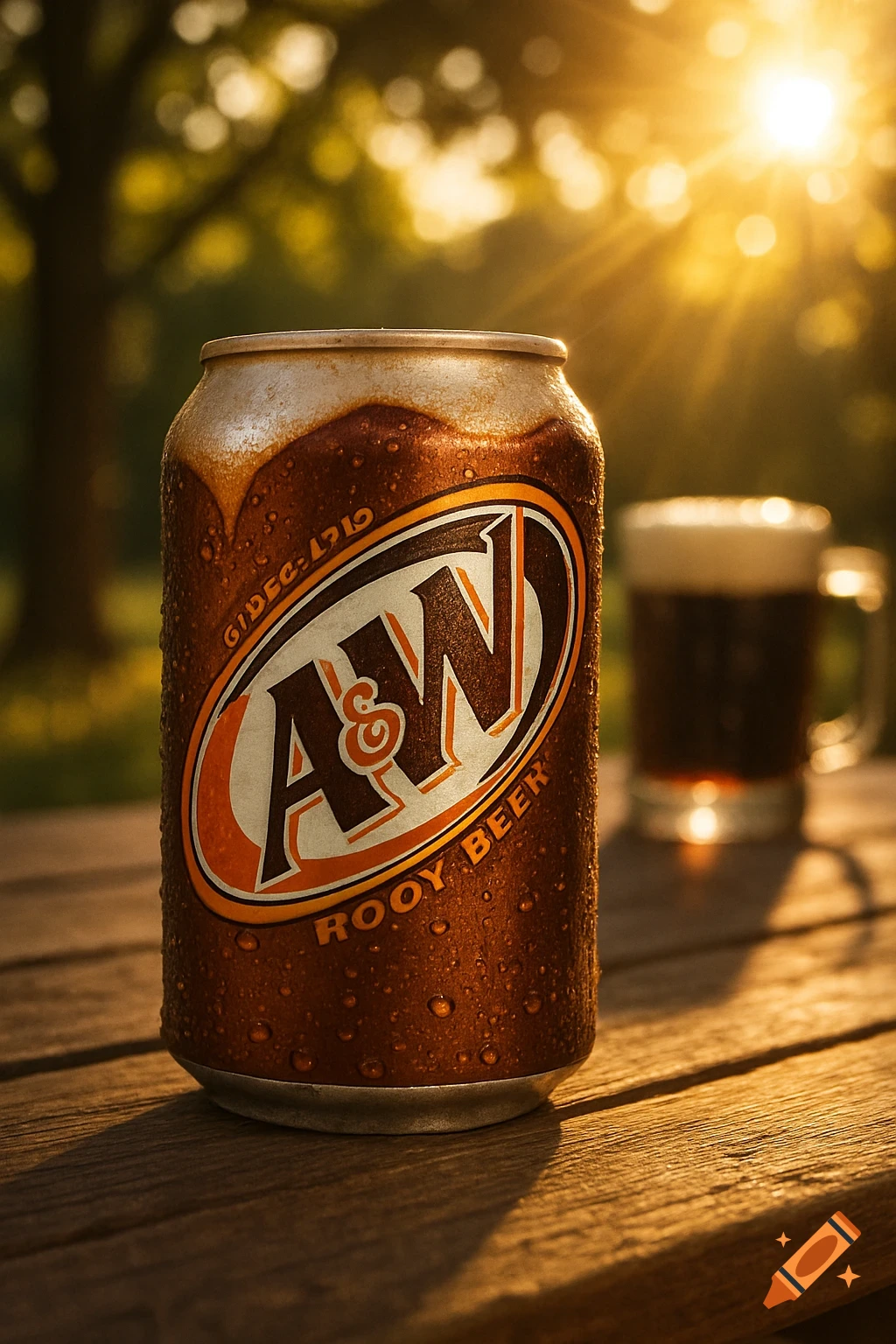 A cold, sweat-beaded A&W root beer can and a mug of root beer on a wooden table, bathed in golden hour sunlight.